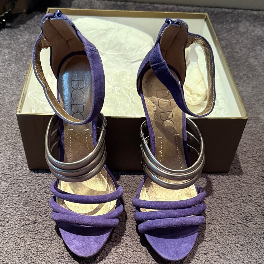 BCBG Paris Purple and Silver Strappy Heels